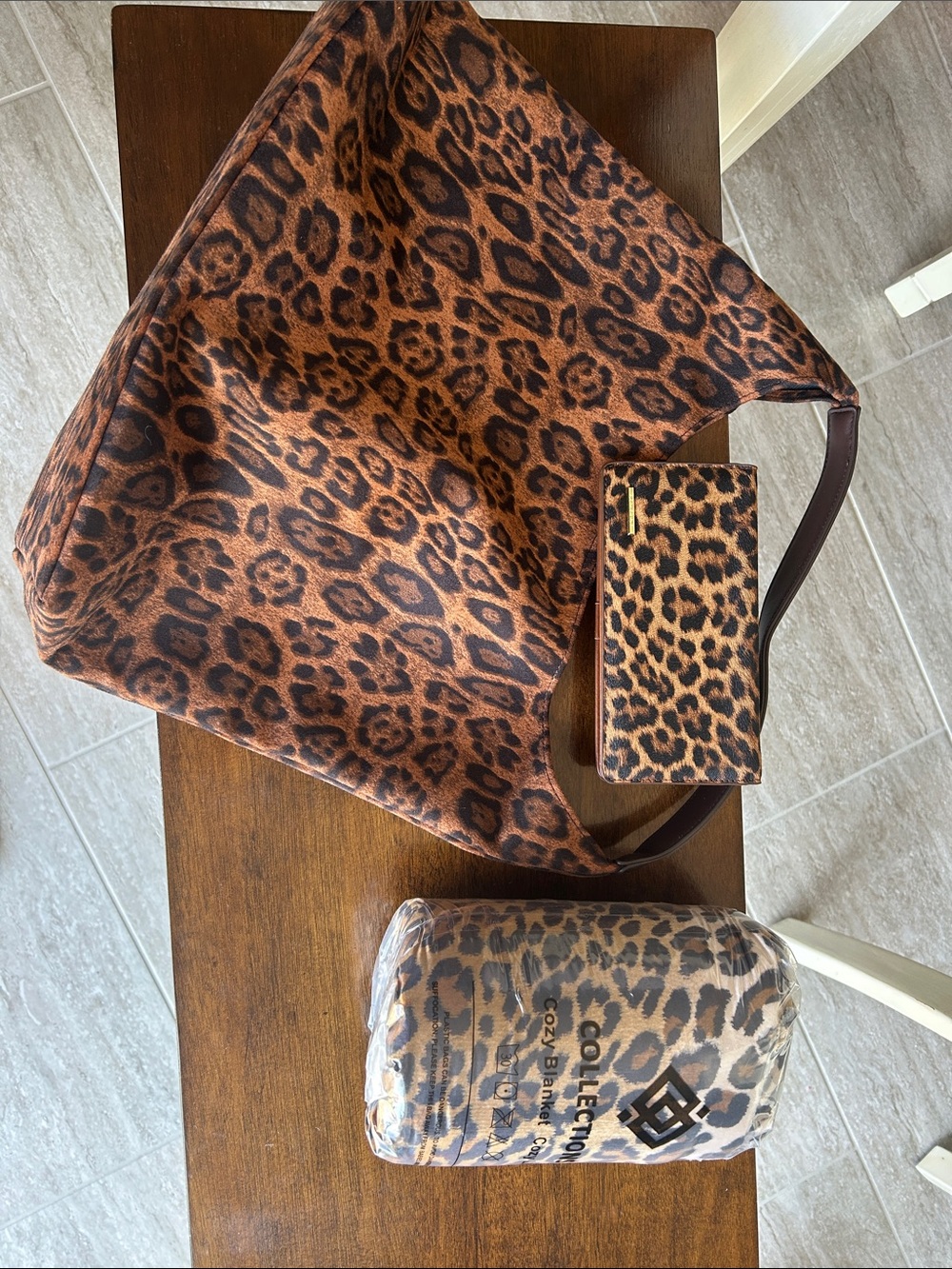 Leopard Print Shoulder Tote Bag with Matching Wallet & Blanket